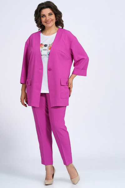 Деловый комплект из жакета, блузки и брюк из текстиля Пинск-Стиль 3147 фуксия - фото 2