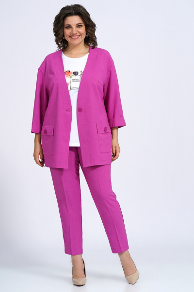 Деловый комплект из жакета, блузки и брюк из текстиля Пинск-Стиль 3147 фуксия - фото 1