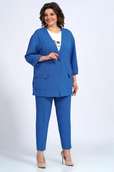 Комплект женский: свободный жакет, брюки и блузка для делового образа Пинск-Стиль 3147 синий - фото 2