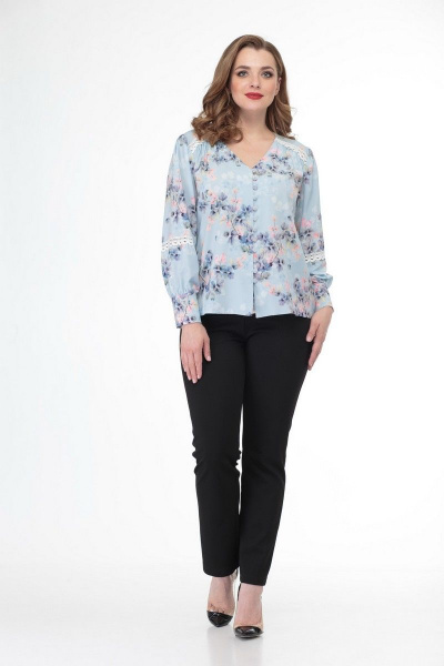 Блуза из легкой ниагары с кружевными вставками и кокетками Anelli 827 голубой_цветы - фото 1