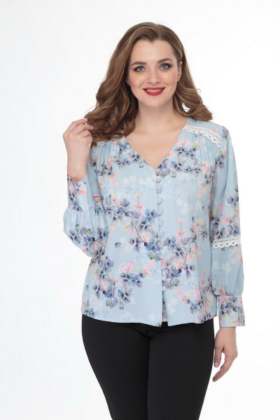 Блуза из легкой ниагары с кружевными вставками и кокетками Anelli 827 голубой_цветы - фото 2