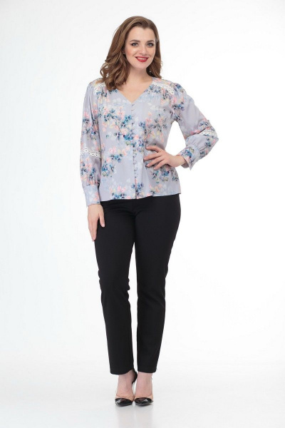 Демисезонная блуза из хлопка с кружевами и жемчужными деталями Anelli 827 серый_цветы - фото 6