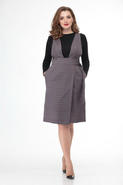 Бежевый сарафан из костюмной ткани, с запахом и поясом Anelli 880 бежевый_клетка - фото 4