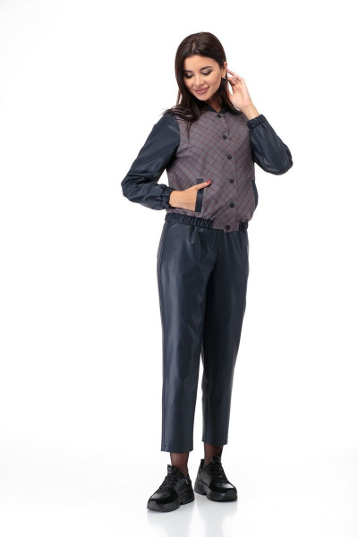 Модный демисезонный бомбер и брюки с имитацией кожи Anelli 902 клетка - фото 2