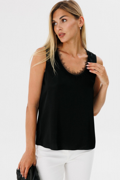 Черный шелковый топ с кружевной тесьмой, прямой крой THE NAME 2324 черный - фото 2