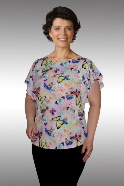 Летняя блуза из вискозы с воротником-отложкой и имитацией планки Таир-Гранд 62271 розовый+бабочки - фото 1