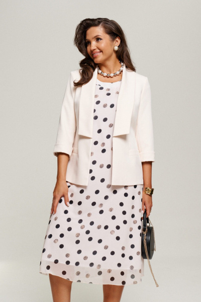Нарядный комплект жакет и платье из текстиля без подкладки Beautiful&Free 6198 молочный+горох - фото 5