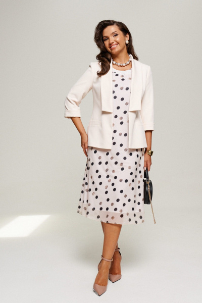 Нарядный комплект жакет и платье из текстиля без подкладки Beautiful&Free 6198 молочный+горох - фото 2