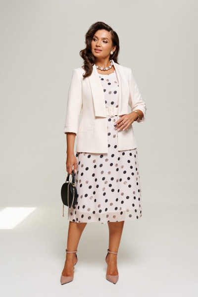 Нарядный комплект жакет и платье из текстиля без подкладки Beautiful&Free 6198 молочный+горох - фото 8