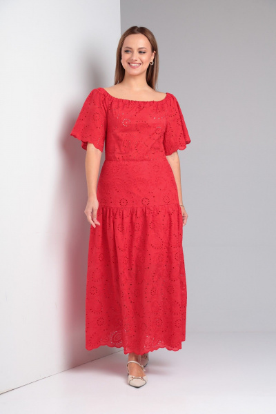 Летнее платье с открытыми плечами и воланом из хлопка TVIN 7806 красный - фото 6