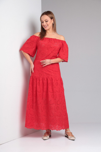 Летнее платье с открытыми плечами и воланом из хлопка TVIN 7806 красный - фото 4