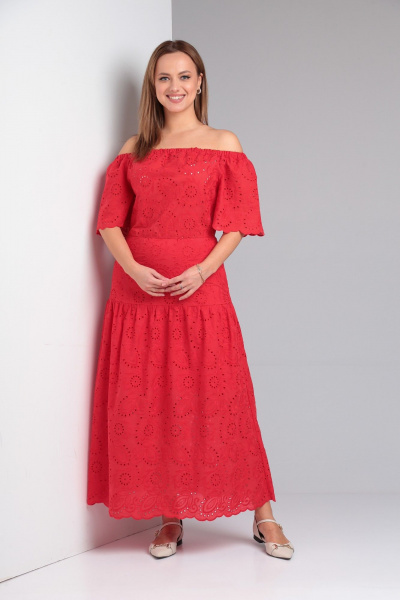 Летнее платье с открытыми плечами и воланом из хлопка TVIN 7806 красный - фото 2