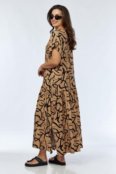 Платье А-силуэта с воланом и поясом из текстиля Luna 165 горчица-рисунок - фото 8