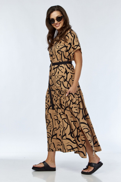 Платье А-силуэта с воланом и поясом из текстиля Luna 165 горчица-рисунок - фото 7