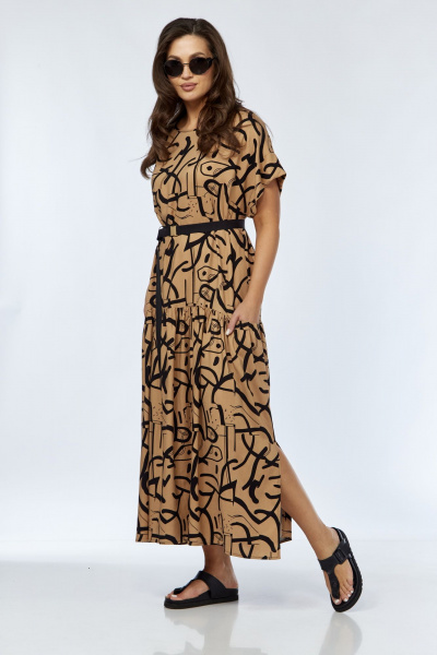 Платье А-силуэта с воланом и поясом из текстиля Luna 165 горчица-рисунок - фото 6