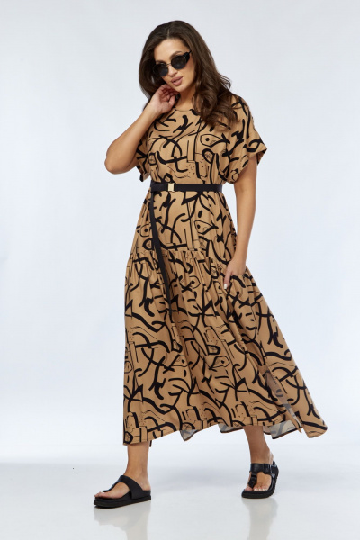 Платье А-силуэта с воланом и поясом из текстиля Luna 165 горчица-рисунок - фото 5