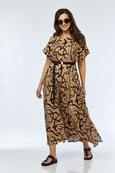 Платье А-силуэта с воланом и поясом из текстиля Luna 165 горчица-рисунок - фото 1