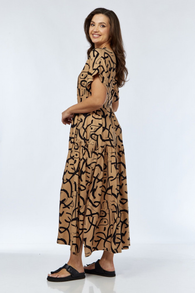 Платье А-силуэта с воланом и поясом из текстиля Luna 165 горчица-рисунок - фото 4