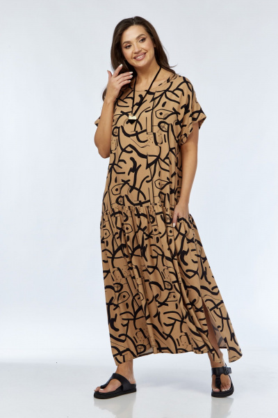 Платье А-силуэта с воланом и поясом из текстиля Luna 165 горчица-рисунок - фото 3