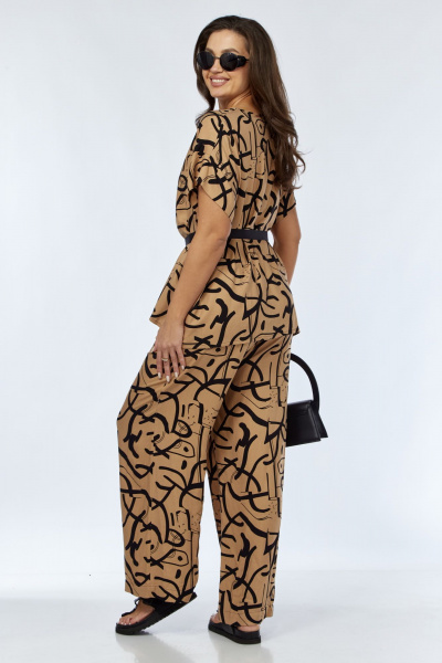 Коричневый костюм из вискозы с блузой и брюками Luna 166 горчица-рисунок - фото 2