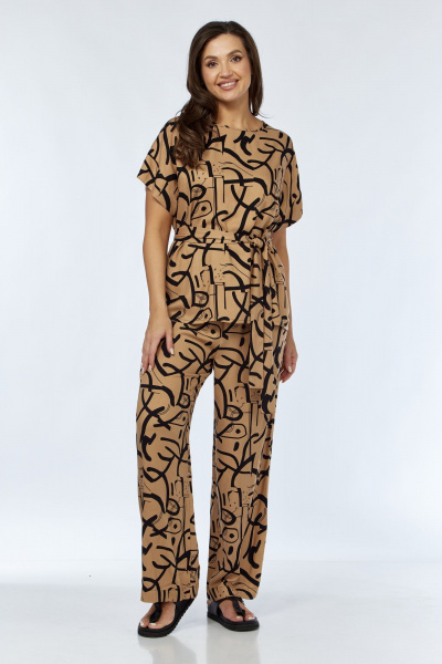 Коричневый костюм из вискозы с блузой и брюками Luna 166 горчица-рисунок - фото 6