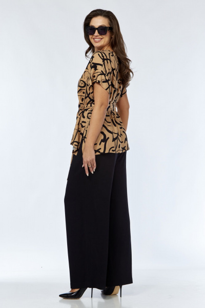 Коричневый женский костюм из вискозы с блузой и брюками Luna 167 горчица-черный - фото 8