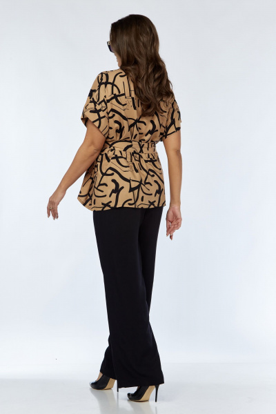 Коричневый женский костюм из вискозы с блузой и брюками Luna 167 горчица-черный - фото 7