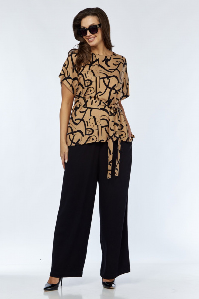 Коричневый женский костюм из вискозы с блузой и брюками Luna 167 горчица-черный - фото 6