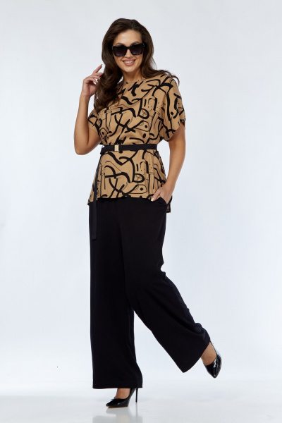 Коричневый женский костюм из вискозы с блузой и брюками Luna 167 горчица-черный - фото 5