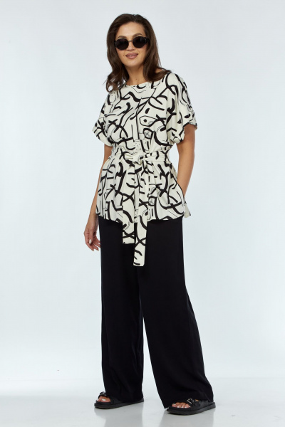 Костюм из вискозы женский с блузкой и брюками Luna 168 молоко-черный - фото 4