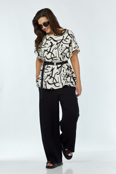 Костюм из вискозы женский с блузкой и брюками Luna 168 молоко-черный - фото 1
