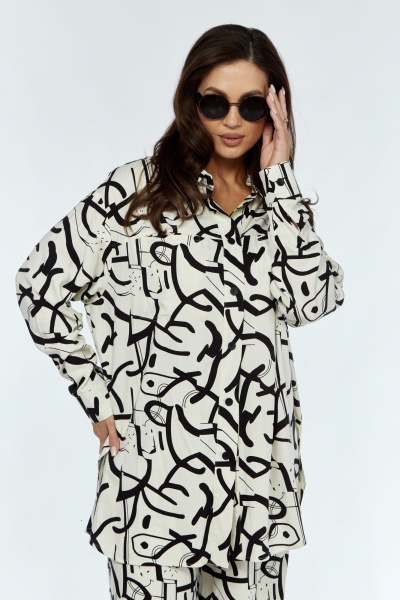 Белая рубашка прямого кроя с карманами и разрезами Luna 170_1 молоко-рисунок - фото 2