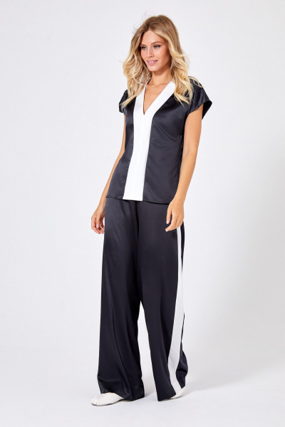 Чёрная блуза и брюки из шёлка с контрастными линиями Rivoli 2361.1+5191 чёрный/молочный - фото 3