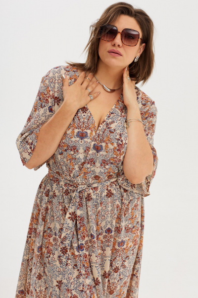 Легкое воздушное платье с разрезами и поясом из шифона BegiModa 1037 облепиха - фото 8