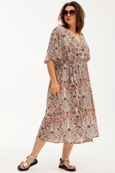 Легкое воздушное платье с разрезами и поясом из шифона BegiModa 1037 облепиха - фото 4