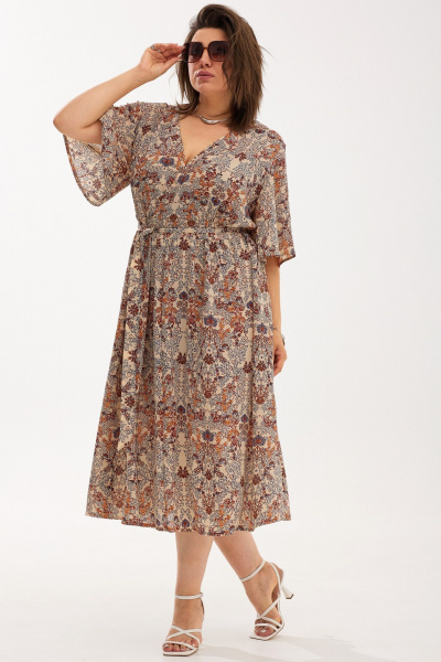 Легкое воздушное платье с разрезами и поясом из шифона BegiModa 1037 облепиха - фото 2