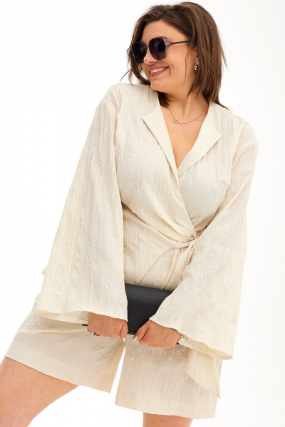 Летний комплект блузы на запах и свободных шортов BegiModa 3067 шампань - фото 8