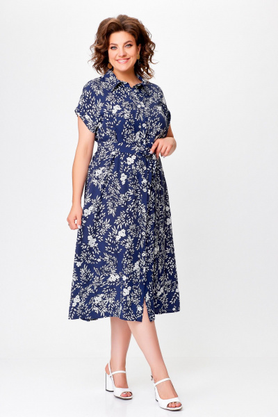 Летнее платье-рубашка свободного кроя с карманами Swallow 755 синий+«белые_веточки» - фото 8