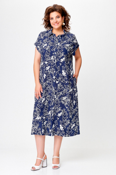 Летнее платье-рубашка свободного кроя с карманами Swallow 755 синий+«белые_веточки» - фото 7