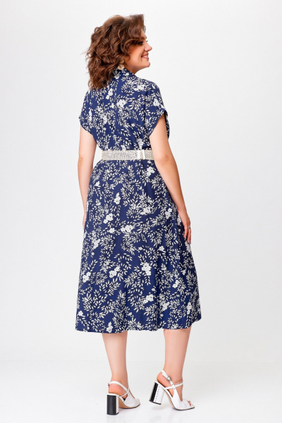 Летнее платье-рубашка свободного кроя с карманами Swallow 755 синий+«белые_веточки» - фото 3