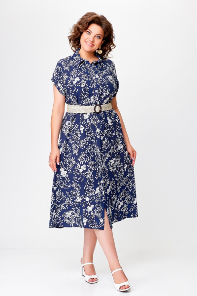 Летнее платье-рубашка свободного кроя с карманами Swallow 755 синий+«белые_веточки» - фото 2