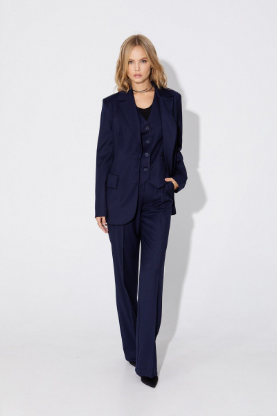 Деловой текстильный костюм-тройка из жакета, жилета и брюк PiRS 4956 темно-синий - фото 2