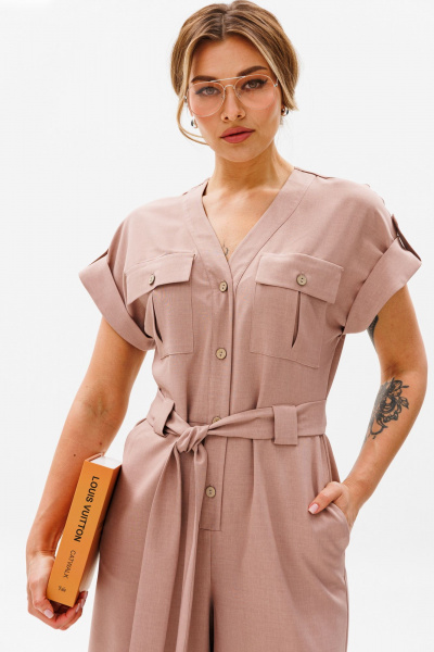 Розовый комбинезон из льна с коротким рукавом и боковыми карманами AVRIL 1013-P пудра - фото 6