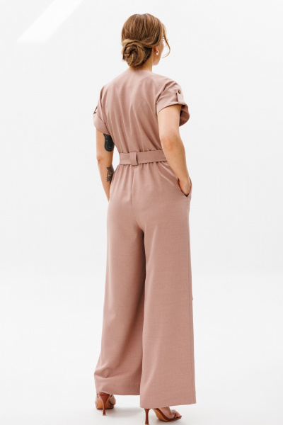 Розовый комбинезон из льна с коротким рукавом и боковыми карманами AVRIL 1013-P пудра - фото 2