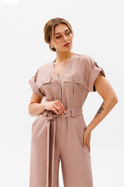 Розовый комбинезон из льна с коротким рукавом и боковыми карманами AVRIL 1013-P пудра - фото 5