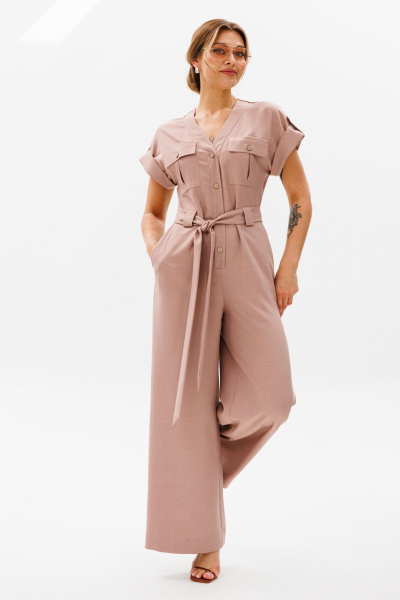 Розовый комбинезон из льна с коротким рукавом и боковыми карманами AVRIL 1013-P пудра - фото 4