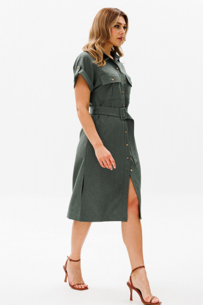 Платье прямого силуэта с разрезами и карманами AVRIL 1014-G тёмно-зелёный - фото 4