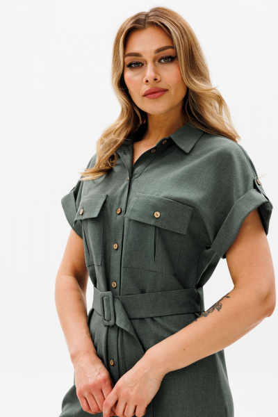 Платье прямого силуэта с разрезами и карманами AVRIL 1014-G тёмно-зелёный - фото 3