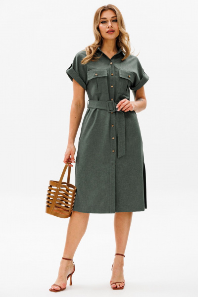 Платье прямого силуэта с разрезами и карманами AVRIL 1014-G тёмно-зелёный - фото 2