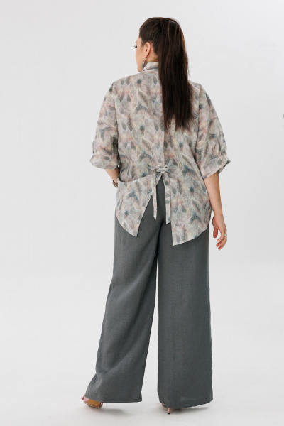 Льняной костюм блуза с рукавом летучая мышь и брюки с карманами Anelli 1465 перья+ базальтово-серый - фото 4